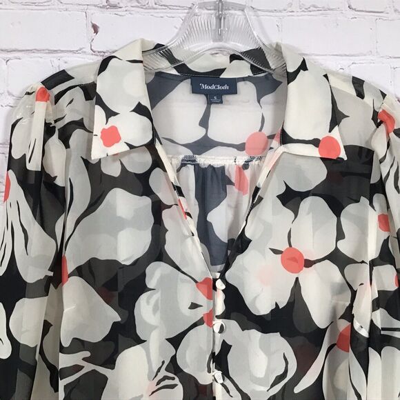 Modcloth Sheer Floral Button Front Blouse Womans Small Wide Collar Black Cream - Picture 2 of 8